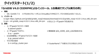 12© 2018 Toshiba Digital Solutions Corporation
クイックスタート(1/2)
「GridDB V4.0 CEのRPMによるインストール、1台構成でサンプル実行の例」
• 環境
– OS: CentOS 7.5 ※デモはWin7のノートPC上にVirtualBoxでVMを立てて、ゲストOSをCentOS 7.5とした。
1. インストール
$ wget https://github.com/griddb/griddb_nosql/releases/download/v4.0.0/griddb_nosql-4.0.0-1.linux.x86_64.rpm
$ rpm –ivh griddb_nosql-4.0.0-1.linux.x86_64.rpm
2. 設定
– ユーザ”gsadm”のパスワード設定
$ passwd gsadm
– ユーザ”gsadm”でログイン
$ su – gsadm
– GridDB管理ユーザ”admin”のパスワード設定
$ gs_passwd admin
– クラスタ名の設定
$ vi conf/gs_cluster.json
※環境変数 $GS_HOME, $GS_LOGが設定される
※OS上にユーザ”gsadm”が生成される
※”clusterName”:””の部分にクラスタ名を入力する
 