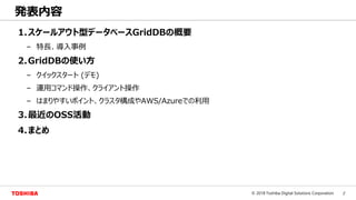 2© 2018 Toshiba Digital Solutions Corporation
発表内容
1.スケールアウト型データベースGridDBの概要
– 特長、導入事例
2.GridDBの使い方
– クイックスタート (デモ)
– 運用コマンド操作、クライアント操作
– はまりやすいポイント、クラスタ構成やAWS/Azureでの利用
3.最近のOSS活動
4.まとめ
 