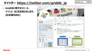 32© 2018 Toshiba Digital Solutions Corporation
ツイッター https://twitter.com/griddb_jp
griddb
• GridDBに関するリリース、
イベント、などをお知らせします。
(日本国内向け)
griddb_jp 検索
 