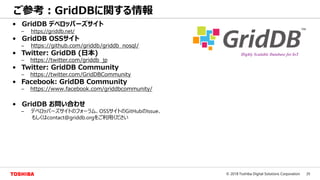 35© 2018 Toshiba Digital Solutions Corporation
ご参考：GridDBに関する情報
• GridDB デベロッパーズサイト
– https://griddb.net/
• GridDB OSSサイト
– https://github.com/griddb/griddb_nosql/
• Twitter: GridDB (日本)
– https://twitter.com/griddb_jp
• Twitter: GridDB Community
– https://twitter.com/GridDBCommunity
• Facebook: GridDB Community
– https://www.facebook.com/griddbcommunity/
• GridDB お問い合わせ
– デベロッパーズサイトのフォーラム、OSSサイトのGitHubのIssue、
もしくはcontact@griddb.orgをご利用ください
 