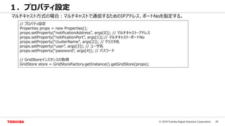 39© 2018 Toshiba Digital Solutions Corporation
１．プロパティ設定
マルチキャスト方式の場合：マルチキャストで通信するためのIPアドレス、ポートNoを指定する。
// プロパティ設定
Properties props = new Properties();
props.setProperty(“notificationAddress”, args[0]); // マルチキャスト・アドレス
props.setProperty(“notificationPort”, args[1]);// マルチキャスト・ポートNo
props.setProperty(“clusterName”, args[2]); // クラスタ名
props.setProperty(“user”, args[3]); // ユーザ名
props.setProperty(“password”, args[4]); // パスワード
// GridStoreインスタンスの取得
GridStore store = GridStoreFactory.getInstance().getGridStore(props);
 