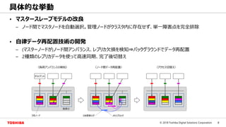 8© 2018 Toshiba Digital Solutions Corporation
• マスタースレーブモデルの改良
– ノード間でマスタノードを自動選択。管理ノードがクラスタ内に存在せず、単一障害点を完全排除
• 自律データ再配置技術の開発
– (マスターノードが)ノード間アンバランス、レプリカ欠損を検知⇒バックグラウンドでデータ再配置
– 2種類のレプリカデータを使って高速同期、完了後切替え
具体的な挙動
クライアント
〈ノード間データ再配置〉 〈アクセス切替え〉〈負荷アンバランスの検知〉
DBノード DB更新ログ メモリブロック
負荷小
 