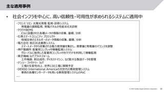 10© 2019 Toshiba Digital Solutions Corporation
主な適用事例
• 社会インフラを中心に、高い信頼性・可用性が求められるシステムに適用中
・フランス リヨン 太陽光発電 監視・診断システム
発電量の遠隔監視、発電パネルの性能劣化を診断
・クラウドBEMS
ビルに設置された各種メータの情報の収集、蓄積、分析
・石巻スマートコミュニティ プロジェクト
地域全体のエネルギーのメータ情報の収集、蓄積、分析
・電力会社 低圧託送業務システム
スマートメータから収集される電力使用量を集計し、需要量と発電量のバランスを調整
・神戸製鋼所 産業用コンプレッサ稼働監視システム
グローバルに販売した産業用コンプレッサをクラウドを利用して稼働監視
・東芝機械 IoTプラットフォーム
工作機器、射出成形、ダイカストマシン、など膨大な製造データを管理
・デンソー ファクトリー IoT
工場の生産性向上、世界130工場に展開予定
・DENSO International Americaの次世代の車両管理システム
車両の各種センサーデータを用いる車両管理システムのPoC
....
 