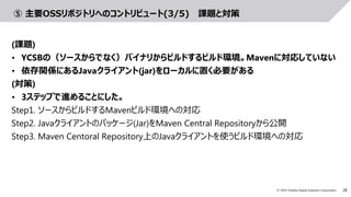 28© 2019 Toshiba Digital Solutions Corporation
⑤ 主要OSSリポジトリへのコントリビュート(3/5) 課題と対策
(課題)
• YCSBの（ソースからでなく）バイナリからビルドするビルド環境。Mavenに対応していない
• 依存関係にあるJavaクライアント(jar)をローカルに置く必要がある
(対策)
• 3ステップで進めることにした。
Step1. ソースからビルドするMavenビルド環境への対応
Step2. Javaクライアントのパッケージ(Jar)をMaven Central Repositoryから公開
Step3. Maven Centoral Repository上のJavaクライアントを使うビルド環境への対応
 