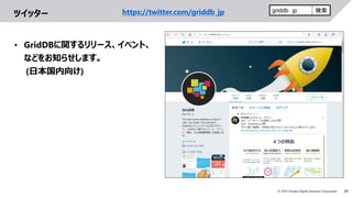 34© 2019 Toshiba Digital Solutions Corporation
ツイッター griddb jp 検索https://twitter.com/griddb_jp
• GridDBに関するリリース、イベント、
などをお知らせします。
(日本国内向け)
 