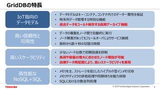 6© 2019 Toshiba Digital Solutions Corporation
Toshiba Confidential
GridDBの特長
IoT指向の
データモデル
高い信頼性と
可用性
• データの複製をノード間で自動的に実行
• ノード障害があってもフェールオーバによりサービス継続
• 数秒から数十秒の切替え時間
高いスケーラビリティ
• 少ないノード台数で初期投資を抑制
• 負荷や容量の増大に合わせたノード増設が可能
• 自律データ再配置により、高いスケーラビリティを実現
高性能な
NoSQL+SQL
• メモリを主、ストレージを従としたハイブリッド型インメモリDB
• メモリやディスクの排他処理や同期待ちを極力排除
• SQLにおける分散並列処理
• データモデルはキー・コンテナ。コンテナ内でのデータ一貫性を保証
• 時系列データ管理する特別な機能
• 過去データをコールド保存する長期アーカイブ機能
 