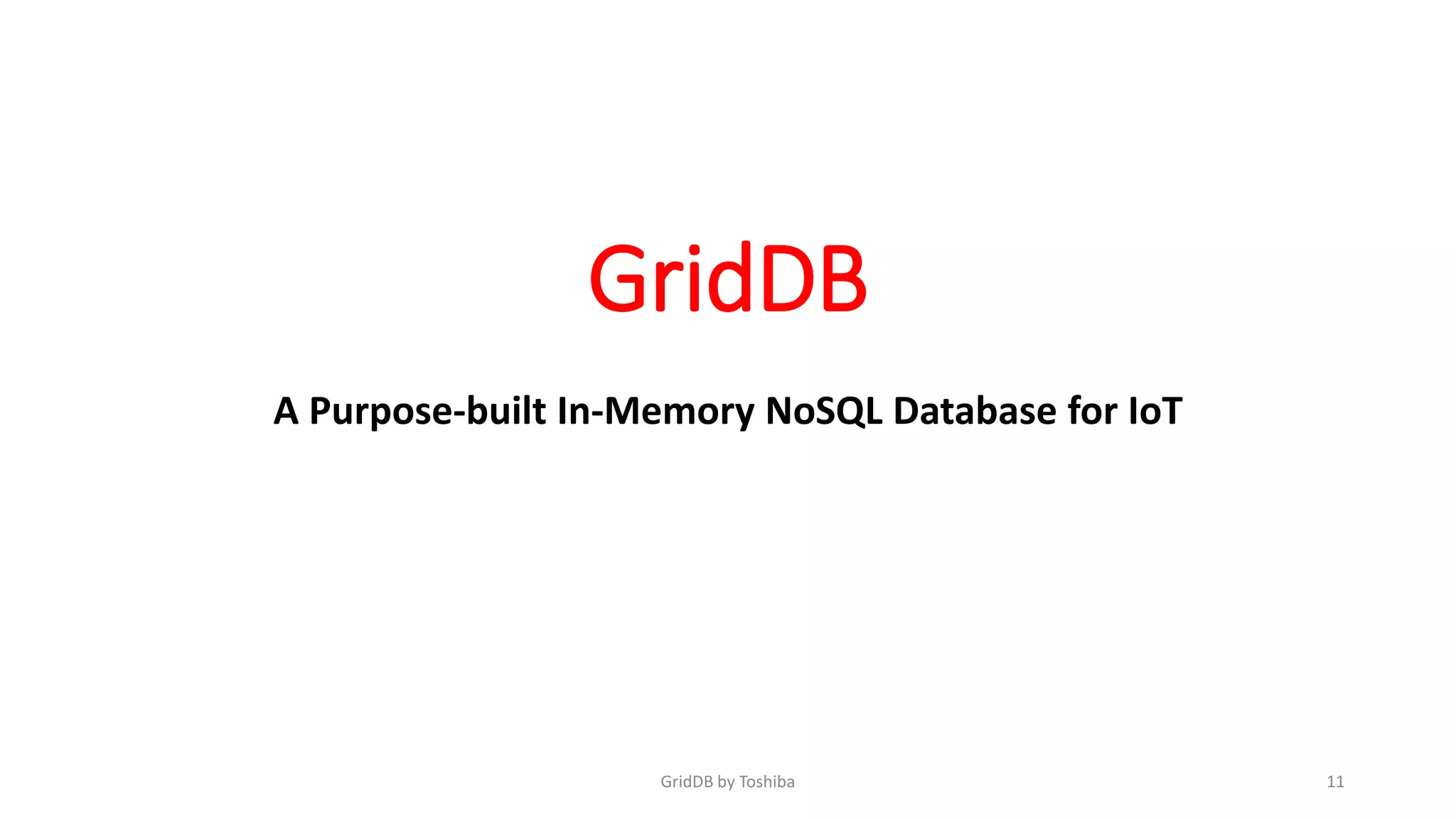 GridDB
A Purpose-built In-Memory NoSQL Database for IoT
GridDB by Toshiba 11
 