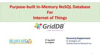 1
Basavaraj Soppannavar
Sr. Strategist, IoT
Toshiba America Research Inc.
Purpose-built In-Memory NoSQL Database
For
Internet of Things
5th Aug 2017
Los Angeles
 