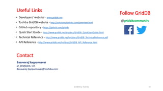 Useful Links
• Developers’ website - www.griddb.net
• Toshiba GridDB website - http://solutions.toshiba.com/overview.html
• GitHub repository - https://github.com/griddb
• Quick Start Guide - http://www.griddb.net/en/docs/GridDB_QuickStartGuide.html
• Technical Reference - http://www.griddb.net/en/docs/GridDB_TechnicalReference.pdf
• API Reference - http://www.griddb.net/en/docs/GridDB_API_Reference.html
34GridDB by Toshiba
Contact
Basavaraj Soppannavar
Sr. Strategist, IoT
Basavaraj.Soppannavar@toshiba.com
@griddbcommunity
Follow GridDB
 