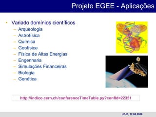 Projeto EGEE - Aplicações Variado domínios científicos Arqueologia Astrofísica Química Geofísica Física de Altas Energias Engenharia Simulações Financeiras Biologia Genética http://indico.cern.ch/conferenceTimeTable.py?confId=22351 