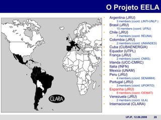 O Projeto EELA Argentina ( JRU ) 3 members (coord. LINTI-UNLP ) Brasil ( JRU ) 15 members (coord. UFRJ) Chile ( JRU ) 7 members (coord. REUNA) Colombia ( JRU ) 2 members (coord. UNIANDES) Cuba (CUBAENERGIA) Equador (UTPL) França ( JRU ) 2 members (coord. CNRS) Irlanda (UCC-CMRC) Italia (INFN) Mexico (UNAM) Peru ( JRU ) 4 members (coord. SENAMHI) Portugal ( JRU ) 3 members (coord. UPORTO) Espanha ( JRU ) 8 members (coord. CIEMAT) Venezuela ( JRU ) 2 members (coord. ULA) Internacional (CLARA) 