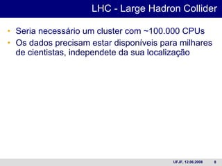 Seria necessário um cluster com ~100.000 CPUs Os dados precisam estar disponíveis para milhares  de cientistas, independete da sua  localização LHC -  Large Hadron Collider  