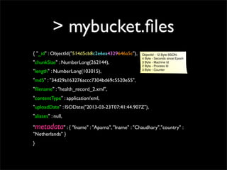 > mybucket.ﬁles
{ "_id" : ObjectId("514d5cb8c2e6ea4329646a5c"),
"chunkSize" : NumberLong(262144),
"length" : NumberLong(103015),
"md5" : "34d29a163276accc7304bd69c5520e55",
"ﬁlename" : "health_record_2.xml",
"contentType" : application/xml,
"uploadDate" : ISODate("2013-03-23T07:41:44.907Z"),
"aliases" : null,
"metadata" : { "fname" : "Aparna", "lname" : "Chaudhary","country" :
"Netherlands" }
}
ObjectId - 12 Byte BSON:
4 Byte - Seconds since Epoch
3 Byte - Machine Id
2 Byte - Process Id
3 Byte - Counter
 