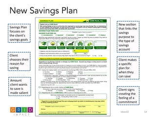 New Savings Plan
Savings	
  Plan	
  
focuses	
  on	
  
the	
  client’s	
  
savings	
  goals	
  
Amount	
  
client	
  wants	
  
to	
  save	
  is	
  
made	
  salient	
  
Client	
  
chooses	
  their	
  
reason	
  for	
  
saving	
  
New	
  sec0on	
  
that	
  links	
  the	
  
savings	
  
purpose	
  to	
  
the	
  type	
  of	
  
savings	
  
account	
  
Client	
  makes	
  
a	
  speciﬁc	
  
plan	
  for	
  
when	
  they	
  
can	
  save	
  
Client	
  signs	
  
crea0ng	
  the	
  
feeling	
  of	
  a	
  
commitment	
  
global	
  |	
  research	
  |	
  innova0on	
  |	
  design	
   Ideas42	
   	
   	
  14	
  
 