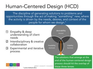 desirability	
  
(human)	
  
Viability	
  
(business)	
  
Feasibility	
  
(technical)	
  
Human-Centered Design (HCD)
The discipline of generating solutions to problems and
opportunities through the act of making “something” new, where
the activity is driven by the needs, desires, and context of the
people for whom we design.1
①  Empathy & deep
understanding of client
needs
②  Interdisciplinary & creative
collaboration
③  Experimental and iterative
process
1	
  Luma	
  Ins0tute	
  2011	
  	
  	
  
The	
  solu0ons	
  that	
  emerge	
  at	
  the	
  
end	
  of	
  the	
  human-­‐centered	
  design	
  
process	
  should	
  hit	
  the	
  overlap	
  of	
  
these	
  three	
  lenses	
  global	
  |	
  research	
  |	
  innova0on	
  |	
  design	
   8	
  
 
