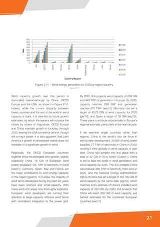 21
0
100
200
300
400
500
600
700
800
900
US
OECD
Japan
Russia
China
India
MiddleEast
Africa
Latin
Brazil
1990
2009
2015
2020
2025
2030
2035
Country/Region
TWh
Figure 2-11 – Wind energy generation to 2035 by region/country
[weo11]
Wind capacity growth over this period is
dominated overwhelmingly by China, OECD
Europe and the USA, as shown in Figure 2-11.
Indeed, while the current disparity between
these countries and the rest of the world in wind
capacity is stark, it is dwarfed by future growth
estimates, by which the leaders will outpace the
others by orders of magnitude. OECD Europe
and China maintain growth in lockstep through
2035, leaving the USA somewhat behind, though
still a major player. It is also apparent that Latin
America’s growth in renewables overall does not
translate to a significant growth in wind.
Regionally, the OECD European countries
together show the strongest wind growth, slightly
outpacing China. 76 GW of European wind
power produced 135 TWh of electricity in 2009
[weo11]. Germany, Spain, Italy and France are
the major contributors to wind energy capacity
in this region [gwe10]. In Europe, the majority of
wind farms developed during the past ten years
have been onshore and small-capacity. With
many wind-rich areas now thoroughly exploited,
European wind developers are turning their
attention to large-capacity offshore wind farms
with centralized integration to the power grid.
By 2020, IEA projects wind capacity of 209 GW
and 449 TWh of generation in Europe. By 2030,
capacity reaches 289 GW and generation
reaches 675 TWh [weo11]. Germany has set a
target of 45.75 GW of wind capacity for 2020
[ger10], and Spain a target of 38 GW [esp10].
These plans contribute substantially to Europe’s
regional estimate, particularly in the next decade.
If we examine single countries rather than
regions, China is the world’s tour de force in
wind power development. 26 GW of wind power
supplied 27 TWh of electricity in China in 2009,
ranking it third globally in wind capacity. A year
later, China had jumped into first place with a
total of 42 GW in 2010 [smp11] [weo11]. China
is set to lead the world in wind generation and
wind capacity by 2035. The IEA predicts China
will produce 388 TWh of electricity from wind in
2020, and the National Energy Administration
(NEA) of China has set a target of 150-180 GW of
wind capacity by the same date [sgc12], which
matches IEA’s estimate of China’s installed wind
capacity of 180 GW. By 2030, IEA projects that
China will reach 280 GW of wind capacity, just
behind estimates for the combined European
countries [weo11].
 