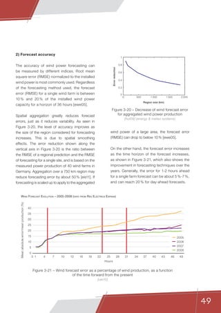 49
2) Forecast accuracy
The accuracy of wind power forecasting can
be measured by different indices. Root mean
square error (RMSE) normalized to the installed
wind power is most commonly used. Regardless
of the forecasting method used, the forecast
error (RMSE) for a single wind farm is between
10 % and 20 % of the installed wind power
capacity for a horizon of 36 hours [ewe05].
Spatial aggregation greatly reduces forecast
errors, just as it reduces variability. As seen in
Figure 3-20, the level of accuracy improves as
the size of the region considered for forecasting
increases. This is due to spatial smoothing
effects. The error reduction shown along the
vertical axis in Figure 3-20 is the ratio between
the RMSE of a regional prediction and the RMSE
of forecasting for a single site, and is based on the
measured power production of 40 wind farms in
Germany. Aggregation over a 750 km region may
reduce forecasting error by about 50 % [eis11]. If
forecasting is scaled up to apply to the aggregated
wind power of a large area, the forecast error
(RMSE) can drop to below 10 % [ewe05].
On the other hand, the forecast error increases
as the time horizon of the forecast increases,
as shown in Figure 3-21, which also shows the
improvement in forecasting techniques over the
years. Generally, the error for 1-2 hours ahead
for a single farm forecast can be about 5 %-7 %,
and can reach 20 % for day-ahead forecasts.
Figure 3-20 – Decrease of wind forecast error
for aggregated wind power production
[hol09] (energy  meteo systems)
Figure 3-21 – Wind forecast error as a percentage of wind production, as a function
of the time forward from the present
[uei10]
0
0.2
0.4
0.6
0.8
1
0 500 1 000 1 500 2 000
Errorreduction
Region size (km)
Meanabsoluteerror/meanproduction(%)
WIND FORECAST EVOLUTION – 2005-2008 (DATA FROM RED ELECTRICA ESPANA)
40
35
30
25
20
15
10
5
0
0 1 4 7 10 13 16 19 22 25
Hours
28 31 34 37 40 43 46 49
2007
2006
2005
2008
 