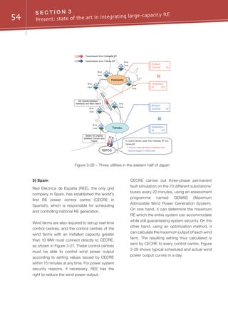 54 S E C T I O N 3
Present: state of the art in integrating large-capacity RE
5) Spain
Red Eléctrica de España (REE), the only grid
company in Spain, has established the world's
first RE power control centre (CECRE in
Spanish), which is responsible for scheduling
and controlling national RE generation.
Wind farms are also required to set up real-time
control centres, and the control centres of the
wind farms with an installed capacity greater
than 10 MW must connect directly to CECRE,
as shown in Figure 3-27. These control centres
must be able to control wind power output
according to setting values issued by CECRE
within 15 minutes at any time. For power system
security reasons, if necessary, REE has the
right to reduce the wind power output.
CECRE carries out three-phase permanent
fault simulation on the 70 different substations’
buses every 20 minutes, using an assessment
programme named GEMAS (Maximum
Admissible Wind Power Generation System).
On one hand, it can determine the maximum
RE which the entire system can accommodate
while still guaranteeing system security. On the
other hand, using an optimization method, it
can calculate the maximum output of each wind
farm. The resulting setting thus calculated is
sent by CECRE to every control centre. Figure
3-28 shows typical scheduled and actual wind
power output curves in a day.
Figure 3-26 – Three utilities in the eastern half of Japan
 