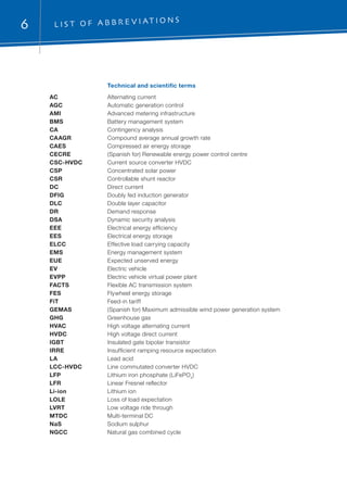 6 L i s t o f a b b r e v i at i on s
	 Technical and scientific terms
AC	 Alternating current
AGC	 Automatic generation control
AMI	 Advanced metering infrastructure
BMS	 Battery management system
CA	 Contingency analysis
CAAGR	 Compound average annual growth rate
CAES	 Compressed air energy storage
CECRE	 (Spanish for) Renewable energy power control centre
CSC-HVDC	 Current source converter HVDC
CSP	 Concentrated solar power
CSR	 Controllable shunt reactor
DC	 Direct current
DFIG	 Doubly fed induction generator
DLC	 Double layer capacitor
DR	 Demand response
DSA	 Dynamic security analysis
EEE	 Electrical energy efficiency
EES	 Electrical energy storage
ELCC	 Effective load carrying capacity
EMS	 Energy management system
EUE	 Expected unserved energy
EV	 Electric vehicle
EVPP	 Electric vehicle virtual power plant
FACTS	 Flexible AC transmission system
FES	 Flywheel energy storage
FiT	 Feed-in tariff
GEMAS	 (Spanish for) Maximum admissible wind power generation system
GHG	 Greenhouse gas
HVAC	 High voltage alternating current
HVDC	 High voltage direct current
IGBT	 Insulated gate bipolar transistor
IRRE	 Insufficient ramping resource expectation
LA	 Lead acid
LCC-HVDC	 Line commutated converter HVDC
LFP	 Lithium iron phosphate (LiFePO4
)
LFR	 Linear Fresnel reflector
Li-ion	 Lithium ion
LOLE	 Loss of load expectation
LVRT	 Low voltage ride through
MTDC	 Multi-terminal DC
NaS	 Sodium sulphur
NGCC	 Natural gas combined cycle
 