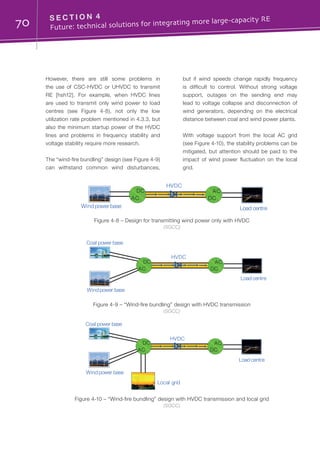 70 S E C T I O N 4	
Future: technical solutions for integrating more large-capacity RE
Figure 4-8 – Design for transmitting wind power only with HVDC
(SGCC)
Figure 4-9 – “Wind-fire bundling” design with HVDC transmission
(SGCC)
Figure 4-10 – “Wind-fire bundling” design with HVDC transmission and local grid
(SGCC)
AC
DC AC
DC
Load centre
HVDC
Wind power base
AC
DC AC
DC
Coal power base
power base
Load centre
HVDC
Wind
AC
DC AC
DC
Local grid
Coal power base
power base
Load centre
HVDC
Wind
However, there are still some problems in
the use of CSC-HVDC or UHVDC to transmit
RE [hsh12]. For example, when HVDC lines
are used to transmit only wind power to load
centres (see Figure 4-8), not only the low
utilization rate problem mentioned in 4.3.3, but
also the minimum startup power of the HVDC
lines and problems in frequency stability and
voltage stability require more research.
The “wind-fire bundling” design (see Figure 4-9)
can withstand common wind disturbances,
but if wind speeds change rapidly frequency
is difficult to control. Without strong voltage
support, outages on the sending end may
lead to voltage collapse and disconnection of
wind generators, depending on the electrical
distance between coal and wind power plants.
With voltage support from the local AC grid
(see Figure 4-10), the stability problems can be
mitigated, but attention should be paid to the
impact of wind power fluctuation on the local
grid.
 