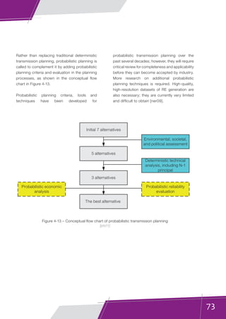 73
Rather than replacing traditional deterministic
transmission planning, probabilistic planning is
called to complement it by adding probabilistic
planning criteria and evaluation in the planning
processes, as shown in the conceptual flow
chart in Figure 4-13.
Probabilistic planning criteria, tools and
techniques have been developed for
probabilistic transmission planning over the
past several decades; however, they will require
critical review for completeness and applicability
before they can become accepted by industry.
More research on additional probabilistic
planning techniques is required. High-quality,
high-resolution datasets of RE generation are
also necessary; they are currently very limited
and difficult to obtain [ner09].
Figure 4-13 – Conceptual flow chart of probabilistic transmission planning
[pts11]
Initial 7 alternatives
5 alternatives
3 alternatives
The best alternative
Environmental, societal,
and political assessment
Deterministic technical
analysis, including N-1
principal
Probabilistic reliability
evaluation
Probabilistic economic
analysis
 