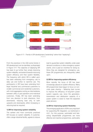 81
From the practices in the USA some trends in
DR development can be identified, as illustrated
in Figure 4-17. The objective of deploying DR
has been to go further than simply improving
system reliability, and extend towards improving
system efficiency and then system flexibility.
The frequency with which DR is called upon
has been extending from emergency use to
daily use and further to real-time use. The
participants in DR have been extending from
large industrial and commercial customers to
smaller commercial and residential customers,
with more aggregators acting as intermediaries
between utility or grid operators and individual
customers. Finally, DR has been extending
from one direction to both directions: from
downwards, reducing load only, to both
upwards and downwards, either increasing or
reducing load as required.
1) DR for improving system reliability
The earliest and most commonly practiced
DR focuses on system reliability. A customer,
often a large industrial facility, agrees to reduce
load to guarantee system reliability under peak
demand conditions or other emergency system
events, and is paid an incentive for doing so.
Since they are designed for emergency use,
these DR programmes are infrequently called
upon.
2) DR for improving system efficiency
More recently the focus of DR has been
increasingly placed on system efficiency. Many
DR programmes have begun to focus on non-
crisis peak shaving – flattening load curves
to improve the efficiency of long-term power
system capacity use, since the generation,
transmission and distribution capacity of a
power system is sized to meet the expected
peak demand.
3) DR for improving system flexibility
This emerging application of DR is very important
for supporting RE integration, as mentioned in
4.6.1. For this purpose, automated and fast-
acting dispatchable programmes are more
effective and reactive programmes, particularly
Figure 4-17 – Trends in DR development (“extending” rather than “replacing”)
(SGCC)
System
reliability Objective
Frequency
of calling
Participants
Direction
Demand
response
System
efficiency
System
flexibility
Emergency
use
Daily use
Real-time
use
Large
customers
Small customers
(with aggregators)
Downward
only
Downward or
upward
 