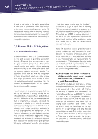 88 S E C T I O N 5	
Application of large-capacity EES to support RE integration
it back to electricity in the winter would allow
a time-shift of generation from one season
to the next. Such technologies can assist RE
integration in the long term by deferring the need
for transmission expansion and interconnection
that arises due to the locational dependency of
renewable resources.
5.3	 Roles of EES in RE integration
5.3.1	 Grid-side roles of EES
The widest range of uses for EES lies in services
to the grid operator in providing generation
flexibility. These services also represent – from
the grid operator’s perspective – the optimal
use of storage as a tool to mitigate variability
and uncertainty for an entire grid, rather than
for specific loads or generation assets. The
optimality arises from the fact that integration
of large amounts of wind and solar energy
over large geographic areas results in lower
net variability and output uncertainty than the
integration of a single RE plant, and so the need
for services overall is reduced.
Nevertheless, it is simplistic to expect that this
will be the only use of energy storage for RE
integration that emerges in future grids. Indeed,
the grid operator’s is not the only perspective
that is important or relevant. Individual RE
generators or plants facing specific incentive
policies or isolated grids may find it in their best
interests to co-locate generation and storage
to level output prior to grid integration. On the
demand side, expanded use of electric vehicles
may provide substantial aggregate energy
storage to the grid even if the storage resource
itself appears sub-optimal to the grid operator.
We avoid making any specific judgments or
predictions about exactly what the distribution
of uses will or ought to be for EES in assisting
RE integration, and instead simply present all of
the potential uses from a variety of perspectives.
The actual use of EES in various countries in
the future will vary significantly depending on
government policies, utility strategies, social
and cultural factors, and the peculiarities of
each particular grid.
Table 5-1 describes various grid-side roles of
energy storage and their relevance to large-
capacity RE integration challenges, along with
some examples of EES technologies currently
in use. These examples are impressionistic: the
suitability of an EES technology for a particular
use is highly context-dependent and will vary
according to the needs of the grid operator and
the specific design of the EES.
1) Grid-side EES case study: The national
wind power, solar power, energy storage
and transmission demonstration
project, Zhangbei, China
The national wind power, solar power, energy
storage and transmission demonstration project
is co-sponsored by the Ministry of Finance,
the Ministry of Science and Technology, the
National Energy Bureau and SGCC. The project
is located in North Zhangjiakou. The wind and
solar resources are rich, but the local load is
small and the installation is far away from the
Beijing-Tianjin-Tangshan load centre. Thus
the energy must be transmitted to the load
centre by a high-voltage and long-distance
transmission network. This project exemplifies
the basic characteristics of RE development
in China, and is a typical project for studying
the problem of accommodating large-scale
renewable power.
 