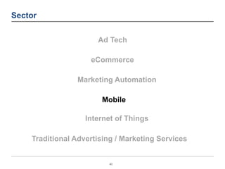 Mobile 
41 
Sector 
Ad Tech 
eCommerce 
Marketing Automation 
Internet of Things 
Traditional Advertising / Marketing Serv...