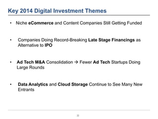 Key 2014 Digital Investment Themes 
• Niche eCommerce and Content Companies Still Getting Funded 
• Companies Doing Record...