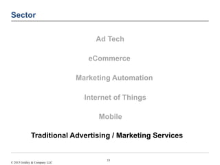 53 
Sector 
© 2013 Gridley & Company LLC 
Ad Tech 
eCommerce 
Marketing Automation 
Internet of Things 
Mobile 
Traditiona...