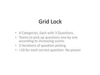 Grid Lock
• 4 Categories, Each with 3 Questions.
• Teams to pick up questions one by one
according to increasing scores
• 3 Iterations of question picking
• +10 for each correct question. No passes
 