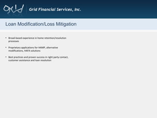Loan Modification/Loss Mitigation Broad-based experience in home retention/resolution processes Proprietary applications for HAMP, alternative modifications, HAFA solutions Best practices and proven success in right party contact, customer assistance and loan resolution  