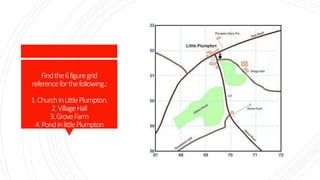 Findthe6figuregrid
referenceforthefollowing.:
1.ChurchinLittlePlumpton.
2.VillageHall
3.GroveFarm
4.PondinlittlePlumpton
 