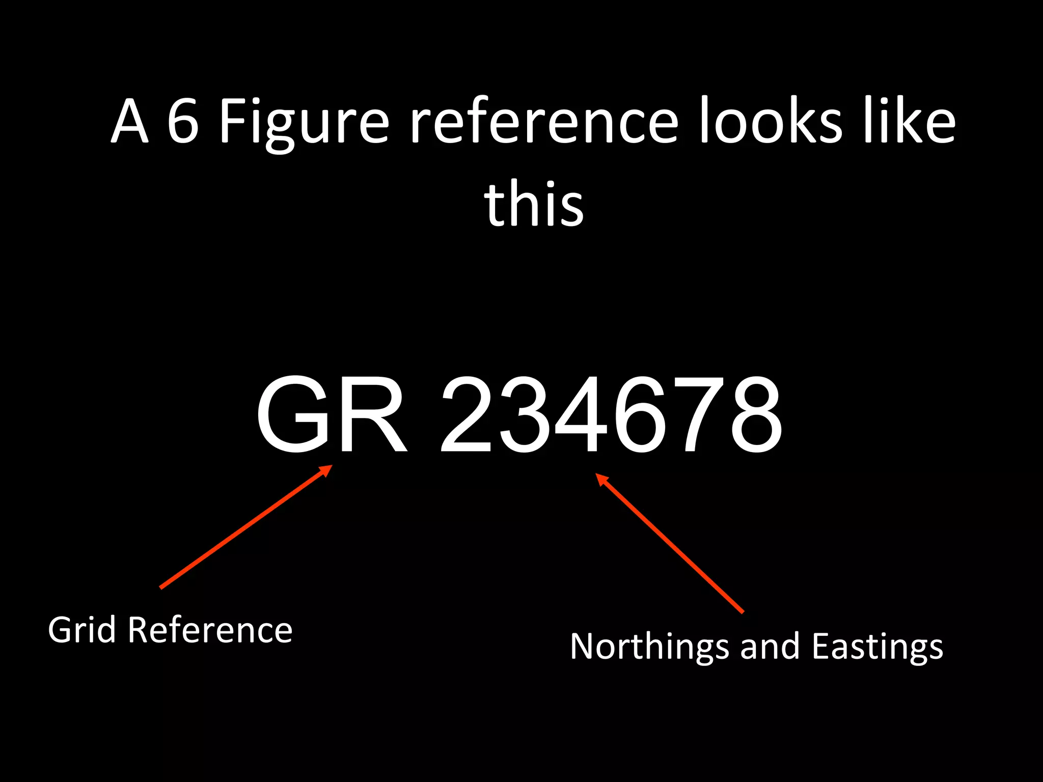 A 6 Figure reference looks like
this
GR 234678
Grid Reference Northings and Eastings
 