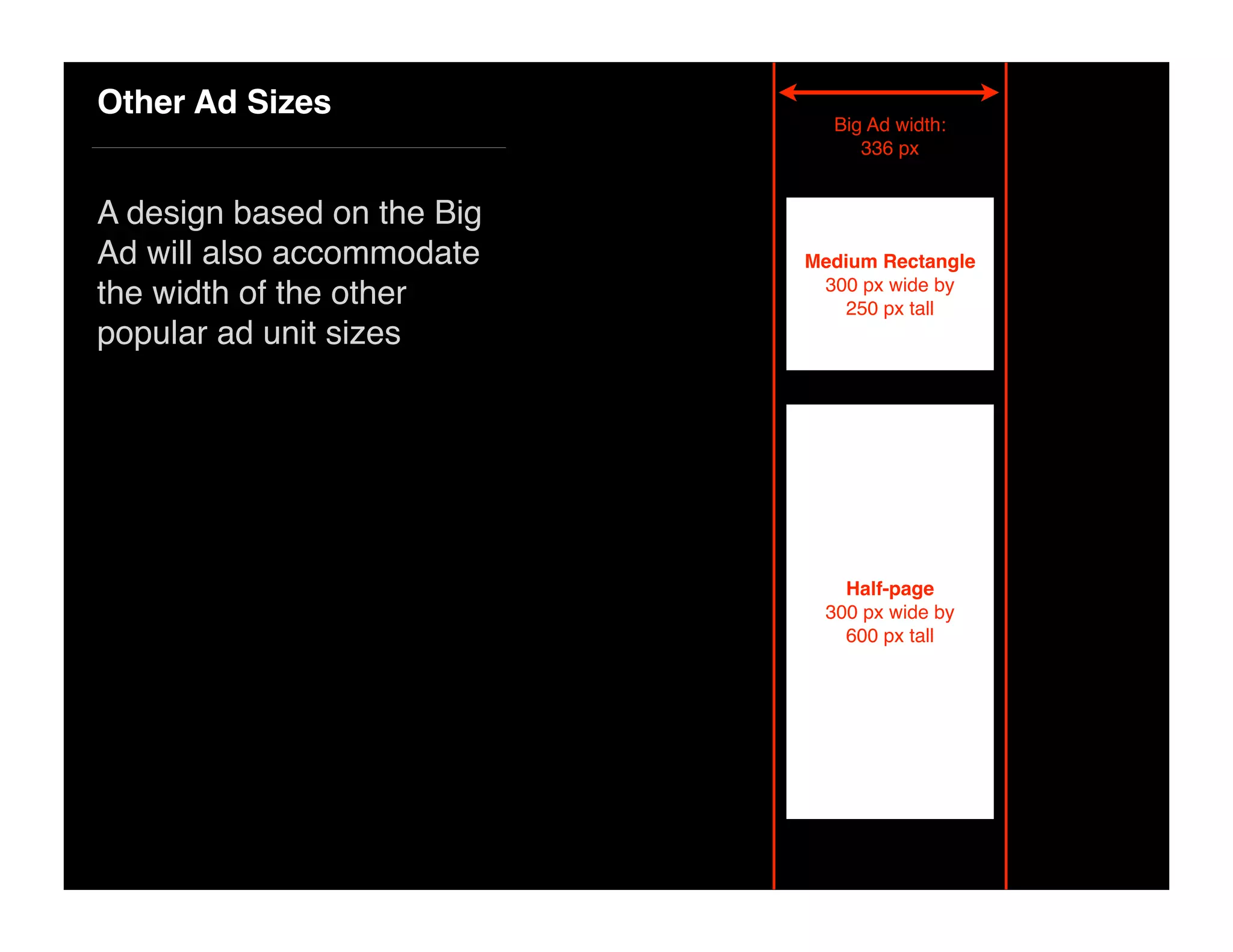 Big Ad width:
336 px
Other Ad Sizes
A design based on the Big
Ad will also accommodate
the width of the other
popular ad unit sizes
Medium Rectangle
300 px wide by
250 px tall
Half-page
300 px wide by
600 px tall
 