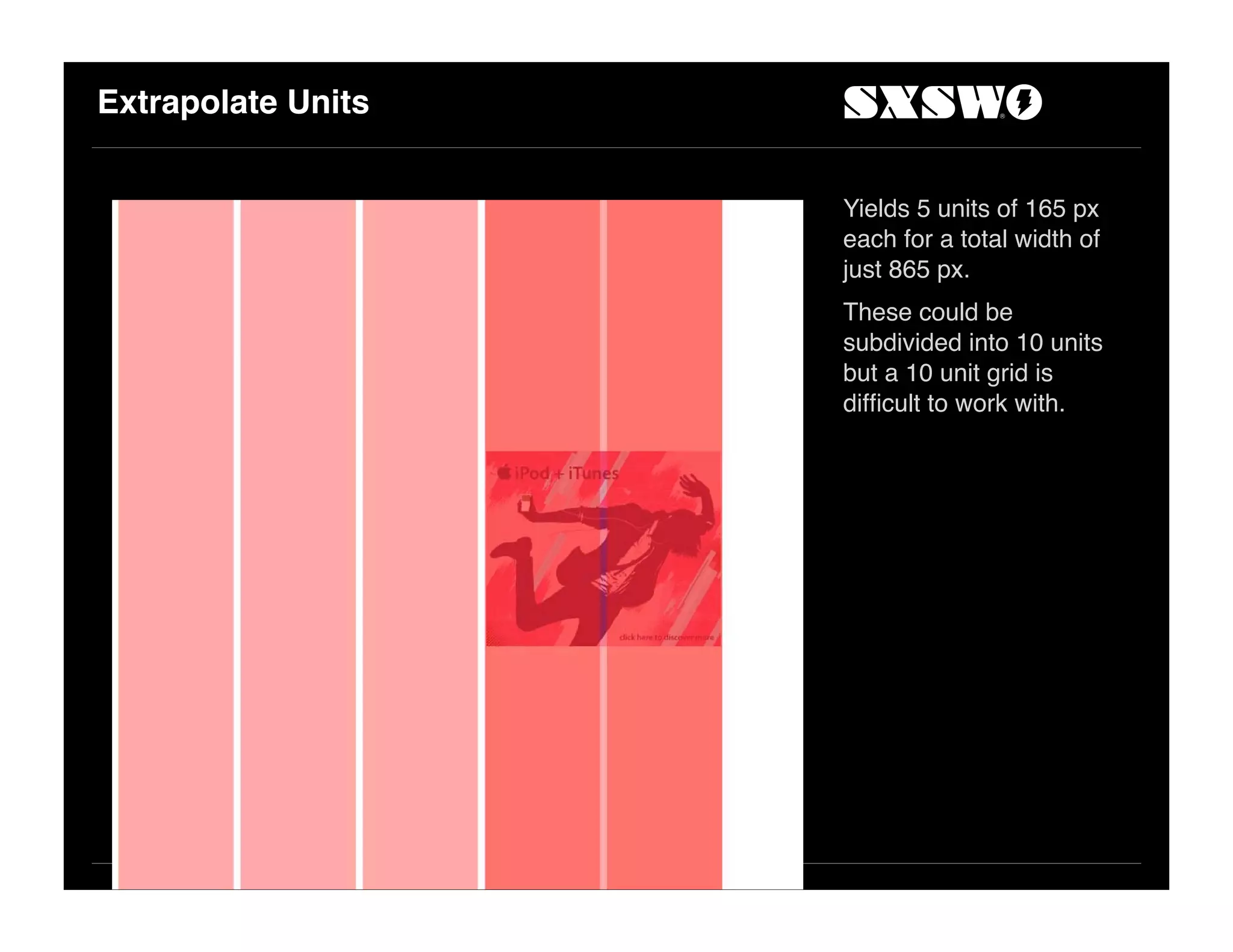 Extrapolate Units
Yields 5 units of 165 px
each for a total width of
just 865 px.
These could be
subdivided into 10 units
but a 10 unit grid is
difﬁcult to work with.
 