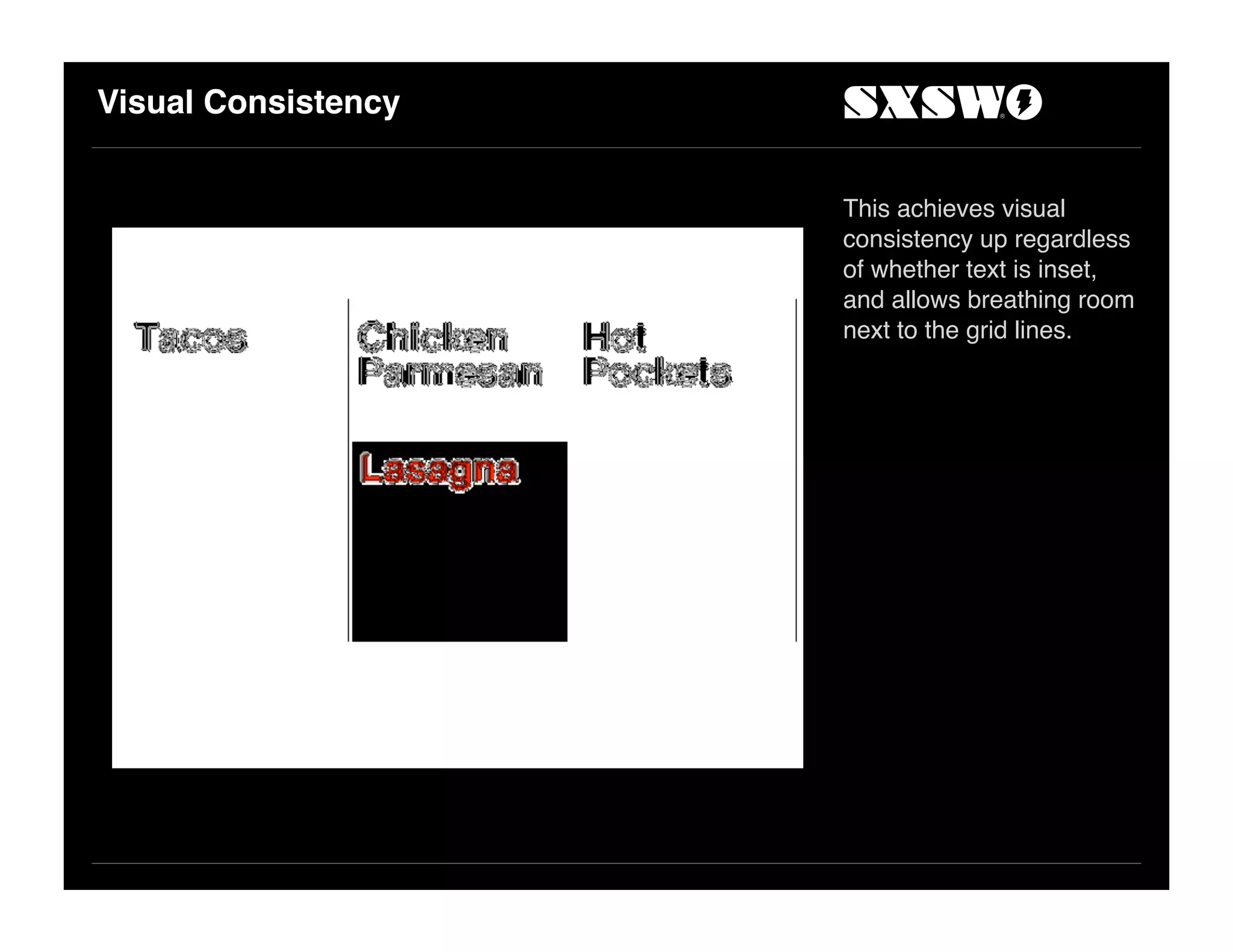 Visual Consistency
This achieves visual
consistency up regardless
of whether text is inset,
and allows breathing room
next to the grid lines.
 