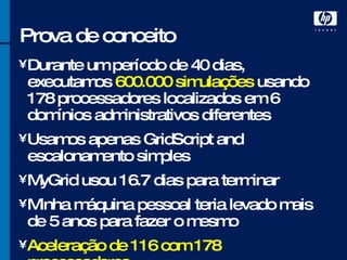 Prova de conceito Durante um período de 40 dias, executamos  600.000 simulações  usando 178 processadores localizados em 6 domínios administrativos diferentes Usamos apenas  GridScript and escalonamento simples MyGrid usou 16.7 dias para terminar Minha máquina pessoal teria levado mais de 5 anos para fazer o mesmo Aceleração de 116 com 178 processadores 