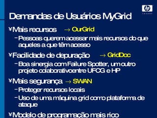 Mais recursos Pessoas querem acessar mais recursos do que aqueles a que têm acesso  Facilidade de depuração Boa sinergia com Failure Spotter, um outro projeto colaborativoentre UFCG e HP Mais segurança Proteger recursos locais Uso de uma máquina grid como plataforma de ataque Modelo de programação mais rico Demandas de Usuários MyGrid    OurGrid    GridDoc    SWAN 