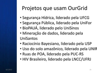 Projetos que usam OurGrid
           • Segurança Hídrica, liderado pela UFCG
           • Segurança Pública, liderado pela UniFor
           • BioPAUÁ, liderado pelo UniSinos
           • Mineração de dados, liderado pela
           UniSantos
           • Raciocínio Bayesiano, liderado pela USP
           • Uso do solo amazônico, liderado pela UNIR
           • Ruas de POA, liderado pela PUC-RS
           • HIV Brasileiro, liderado pela LNCC/UFRJ

8/1/2012                                         19
 
