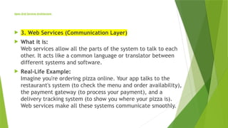 Open Grid Services Architecture
 3. Web Services (Communication Layer)
 What it is:
Web services allow all the parts of the system to talk to each
other. It acts like a common language or translator between
different systems and software.
 Real-Life Example:
Imagine you're ordering pizza online. Your app talks to the
restaurant's system (to check the menu and order availability),
the payment gateway (to process your payment), and a
delivery tracking system (to show you where your pizza is).
Web services make all these systems communicate smoothly.
 