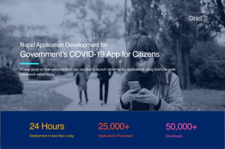 24 Hours
Deployment in less than a day
25,000+
Applications Processed
50,000+
Downloads
A CASE STUDY BY
Rapid Application Development for 
Government’s COVID-19 App for Citizens
A case study on how administrators can use Grid to launch citizen facing applications using Grid’s no code
framework within hours
 