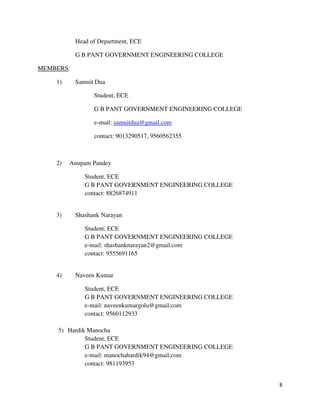 8
Head of Department, ECE
G B PANT GOVERNMENT ENGINEERING COLLEGE
MEMBERS:
1) Samnit Dua
Student, ECE
G B PANT GOVERNMENT ENGINEERING COLLEGE
e-mail: samnitdua@gmail.com
contact: 9013290517, 9560562355
2) Anupam Pandey
Student, ECE
G B PANT GOVERNMENT ENGINEERING COLLEGE
contact: 8826874911
3) Shashank Narayan
Student, ECE
G B PANT GOVERNMENT ENGINEERING COLLEGE
e-mail: shashanknarayan2@gmail.com
contact: 9555691165
4) Naveen Kumar
Student, ECE
G B PANT GOVERNMENT ENGINEERING COLLEGE
e-mail: naveenkumargolu@gmail.com
contact: 9560112933
5) Hardik Manocha
Student, ECE
G B PANT GOVERNMENT ENGINEERING COLLEGE
e-mail: manochahardik94@gmail.com
contact: 981193953
 