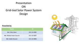 Presentation
ON
Grid-tied Solar Power System
Design
Name ID
Md. Esfar Alam 191-33-4985
Md. Maidul Islam Sourov 191-33-5007
Md. Sakib Hossain 191-33-4896
Presented by:
 