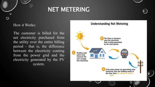 NET METERING
How it Works:
The customer is billed for the
net electricity purchased from
the utility over the entire billing
period - that is, the difference
between the electricity coming
from the power grid and the
electricity generated by the PV
system.
 