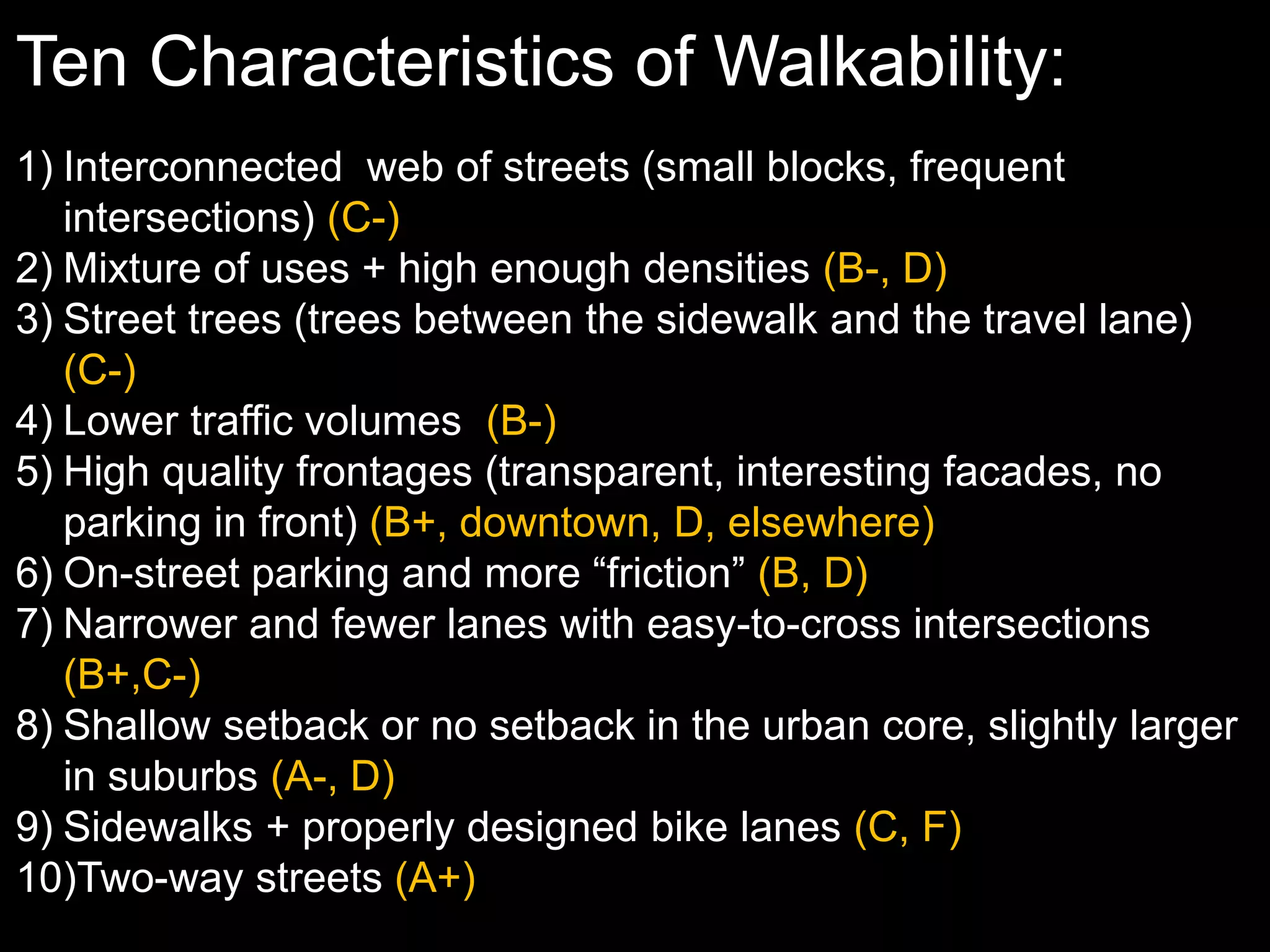 Ten Characteristics of Walkability:
1) Interconnected web of streets (small blocks, frequent
intersections) (C-)
2) Mixture of uses + high enough densities (B-, D)
3) Street trees (trees between the sidewalk and the travel lane)
(C-)
4) Lower traffic volumes (B-)
5) High quality frontages (transparent, interesting facades, no
parking in front) (B+, downtown, D, elsewhere)
6) On-street parking and more “friction” (B, D)
7) Narrower and fewer lanes with easy-to-cross intersections
(B+,C-)
8) Shallow setback or no setback in the urban core, slightly larger
in suburbs (A-, D)
9) Sidewalks + properly designed bike lanes (C, F)
10)Two-way streets (A+)
 
