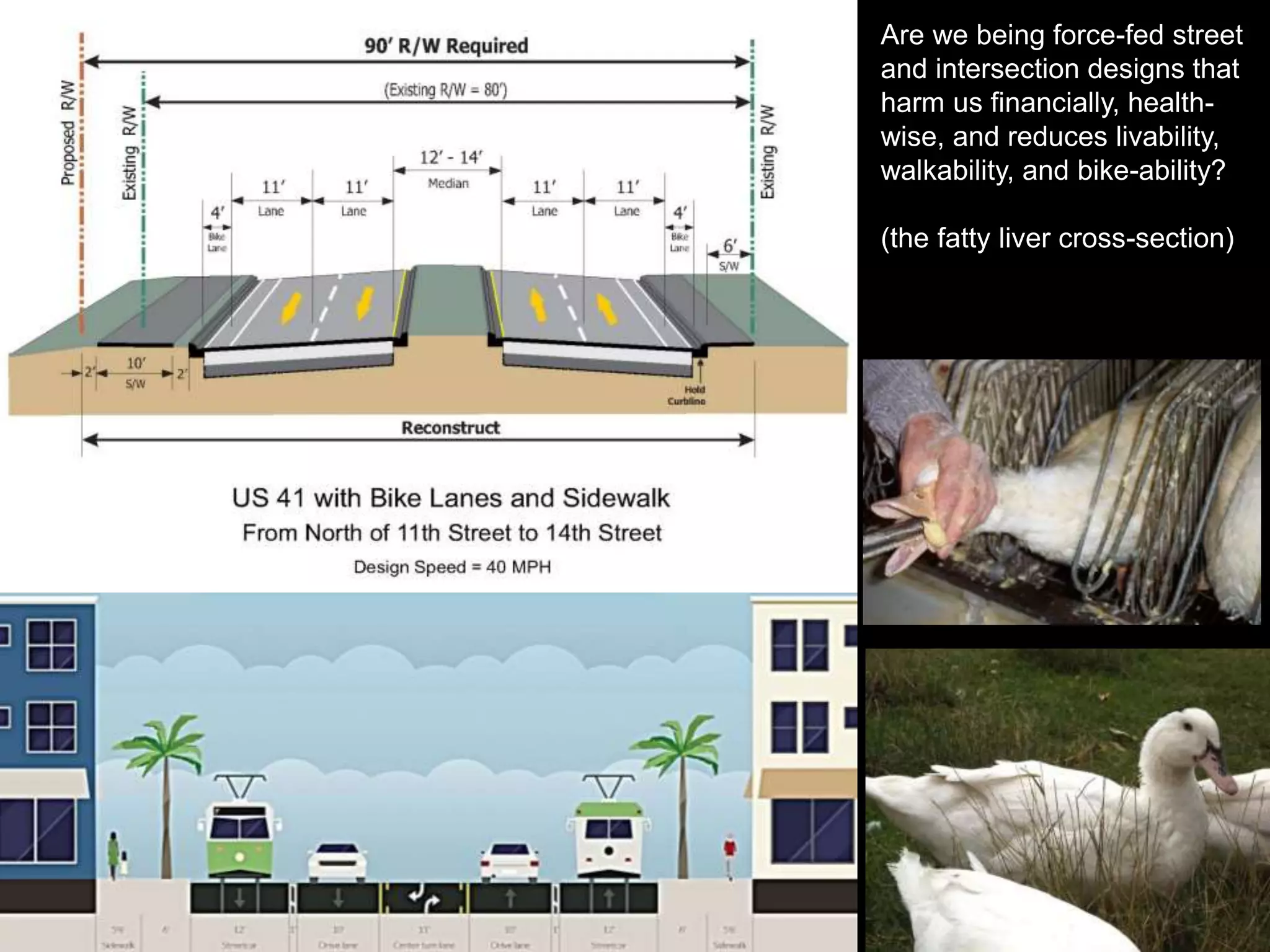 Are we being force-fed street
and intersection designs that
harm us financially, health-
wise, and reduces livability,
walkability, and bike-ability?
(the fatty liver cross-section)
 