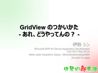 GridView
-                                            -

       Microsoft MVP for Device Application Development
                                    (Oct 2011-Sep 2012)
   Metro style Hackathon 2days / MetroStyleDeveloper#04
                                        2012/07/14 (Sat)
 