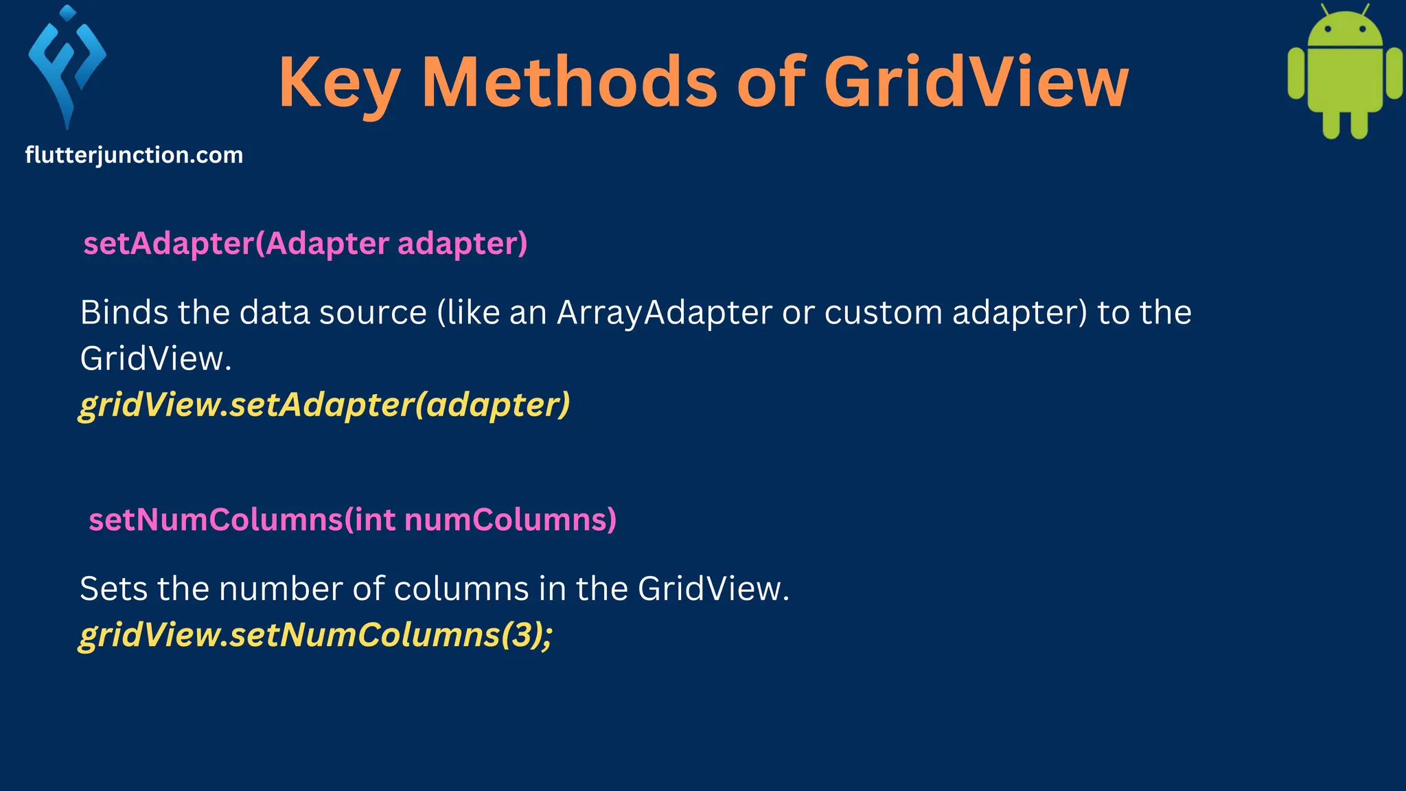 Key Methods of GridView flutterjunction.com setAdapter(Adapter adapter) Binds the data source (like an ArrayAdapter or custom adapter) to the GridView. gridView.setAdapter(adapter) setNumColumns(int numColumns) Sets the number of columns in the GridView. gridView.setNumColumns(3); 