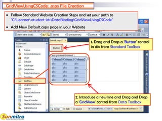 GridViewUsingCSCode: .aspx File Creation
1. Drag and Drop a 'Button' control
in div from Standard Toolbox
• Follow Standard Website Creation Steps and set your path to
"C:Learner<student-id>DataBindingGridViewUsingCSCode"
• Add New Default.aspx page in your Website
2. Introduce a new line and Drag and Drop
a 'GridView' control from Data Toolbox
 
